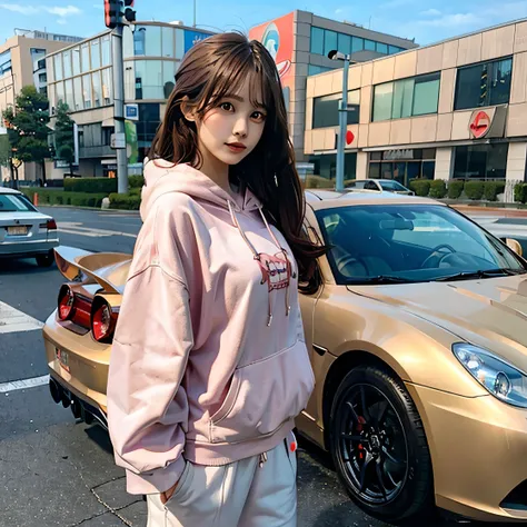 a woman wearing a peach hoodie on standing outside a sports car