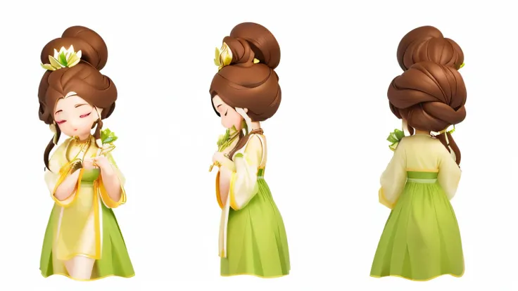 Close-up of a person wearing a light green dress with a lotus hairpin in her brown hair, high quality character design on a plain white background.