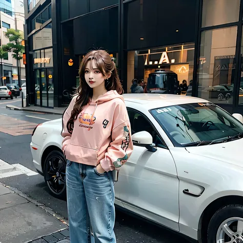 a woman wearing a peach hoodie on standing outside a sports car