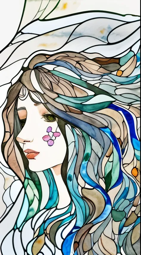 Playing with the tides,shook, Split Color Hair, Wind, 舞い散るflowerびら, Stained Glass AI, decorative, Intricate details, Dukhkova, 2D, Line art, watercolor, ink watercolor, Random color hair, Super long hair, Wavy, One girl,old,flower, old,  