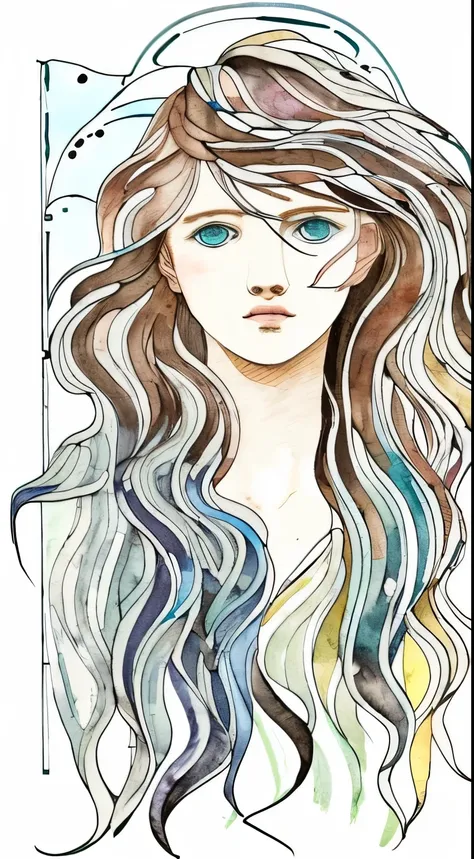 Playing with the tides,shook, Split Color Hair, Wind, 舞い散るflowerびら, Stained Glass AI, decorative, Intricate details, Dukhkova, 2D, Line art, watercolor, ink watercolor, Random color hair, Super long hair, Wavy, One girl,old,flower, old,  