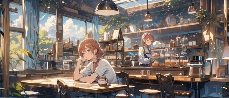 (masterpiece:1.2), best quality,cozy animation scenes, scenery, cityscape, city, window, cloud, sky, food, indoors, computer, book, pillow, chair, cake, monitor, cup, plate, skyline, lying, Imagine yourself stepping into a cozy cafe, where the scent of fre...