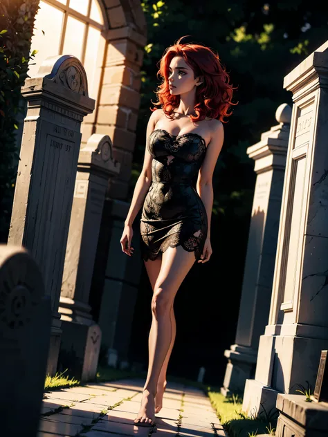 young beautiful woman, 18 year old woman, walking through cemetery at night, sexy body, skinny body, large , long curly hair, re...