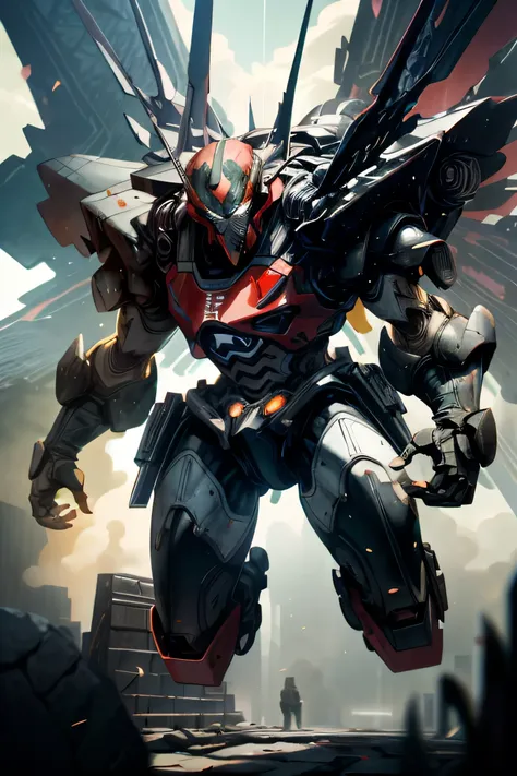 a mecha ninja warrior, mirrored black metal gleams in the sun, top of the line design, cutting edge technology, make a gundam look like a bumper car, with its sleek aerodynamic frame, and UHD HUD display, along with his twin gatling guns,  his guns are bla...