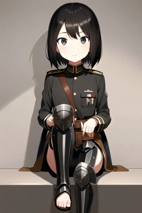 Girl 12 years old, with world war one helmet, wearing sandals, black hair, black uniform and Armor on knee and ellbow,