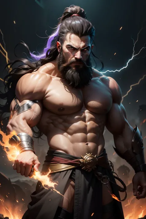 Thunder God assumed an imposing battle stance, electricity crackling in the air around him. The arena, once filled with vibrant colors, was now blurred and indistinct, as if shrouded in a thick fog. The Thunder Gods hair and beard were as black as the nigh...