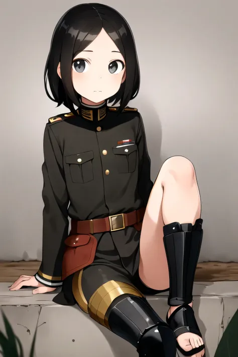 Girl 12 years old, with world war one helmet, wearing sandals, black hair, black uniform and Armor on knee and ellbow, standig right up