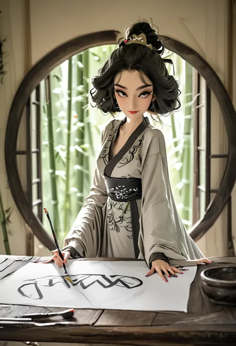 Cartoon Chinese style,a woman dressed in traditional attire, sitting in front of a table writing. Her hair is styled into a high bun adorned with ornaments. She wears a gray outfit with a black belt around her waist. Her expression is focused as she holds ...