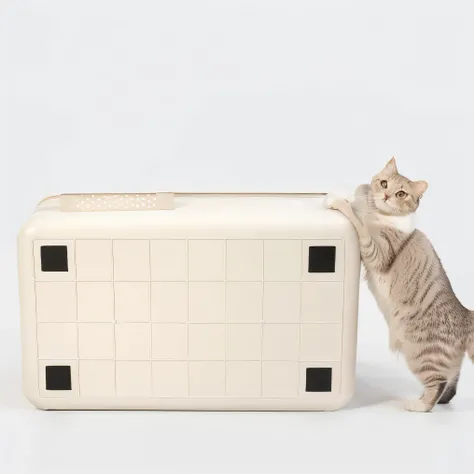 there is a Cat standing on its hind legs next to a white suitcase, a Cat, product photo, product design shot, official product photo, robotic Cat, author：Emma Andijewska, Product introduction photos, Complete!! Cat, Bottom Angle, Cat design, Designed for c...