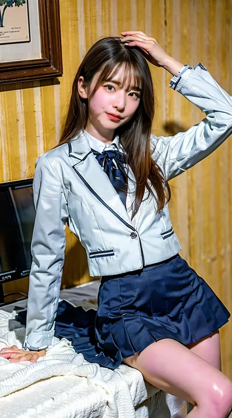 (best quality,8k,RAW,highres,masterpiece:1.2),(realistic,photorealistic:1.37),1girl,((Blazer uniform、mini skirt、white socks,high socks、loafers、Are standing、Bedroom)) smiling and facing towards the viewer,sitting with legs apart，open legs,show me underwear，...