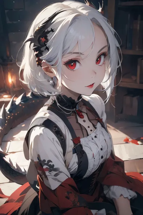 ((highest quality)), ((masterpiece)), (detailed), Perfect Face,white hair,Red eyes,Black clothes,Fair skin,Bob,Gothic Lolita,dragon,from above