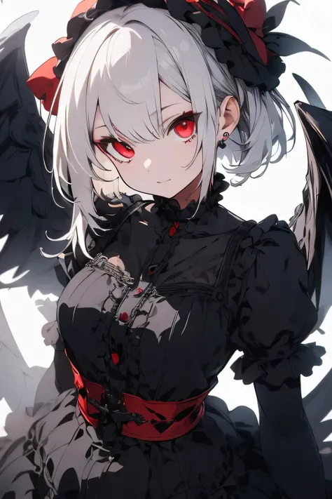 ((highest quality)), ((masterpiece)), (detailed), Perfect Face,white hair,Red eyes,Black clothes,Fair skin,Bob,Gothic Lolita,,from below,full body