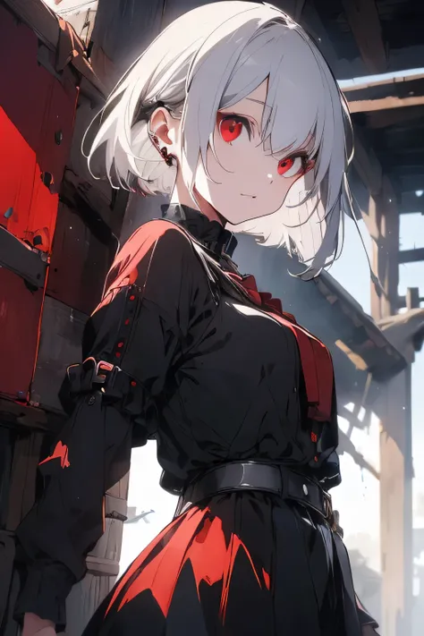 ((highest quality)), ((masterpiece)), (detailed), Perfect Face,white hair,Red eyes,Black clothes,Fair skin,Bob,,from below,full body