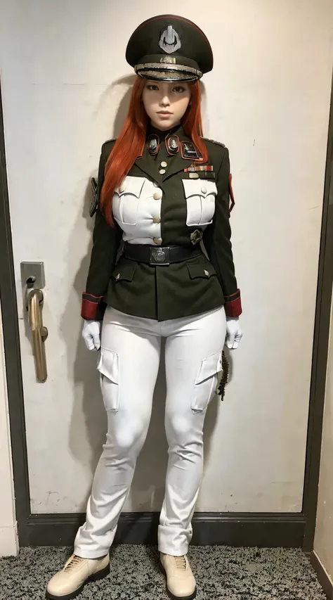 physically-based rendering, 1girl, Female soldier, (red hair), (huge fake breasts:1.2), (street city), sexy muscular body, slim waist, big buttocks, (Full body:1.3), standing, skintight army pants white:1.2, (white:1.5 military uniform:1.5).