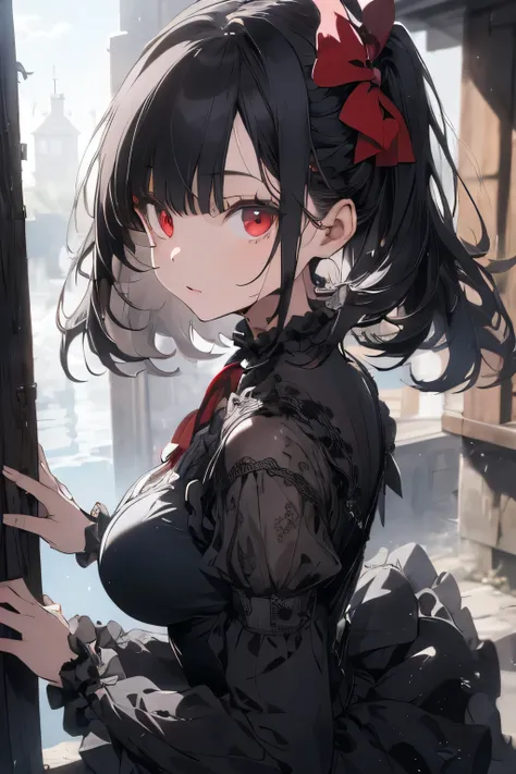 ((highest quality)), ((masterpiece)), (detailed), Perfect Face,Gray Hair, Red eyes,Black clothes,hair,Fair skin,Bob,Wet,Big Breasts,high school girl,See-through,gothic lolita,from below,skirt lift