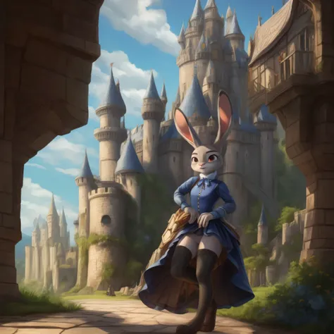 Judy Hopps, alice in the wonderland, stockings, black skirt, black shirt, castle on the background, dragon on the background 