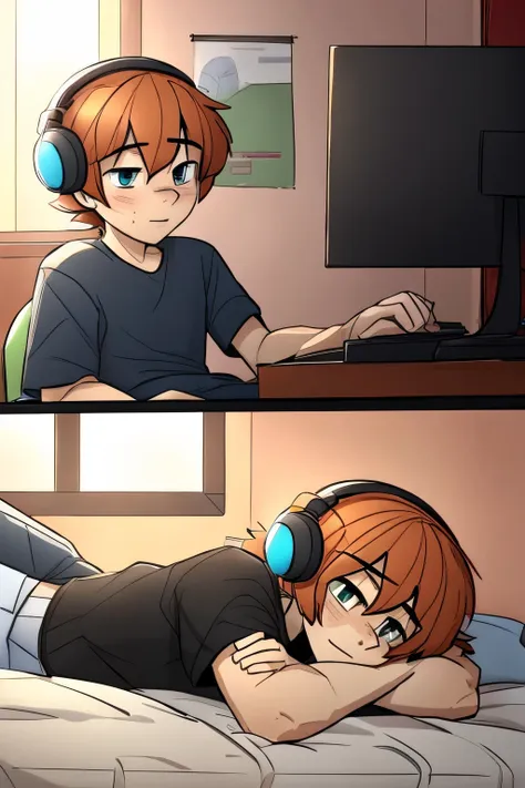 english i want you to generate a banner of an animated boy using the computer and with a hearing aid lying on his bed