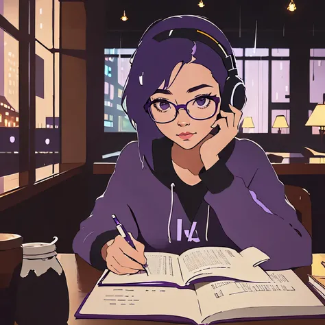 night,girl with (purple hair),studying,cafe coffee shop,raining, rains outside,headphones,cozy,city ambiance,books,notebook,pen,reading glasses,warm light,focus on the girl, wide shot, lots of detail, high quality, high resolution, smooth lines, zoom out