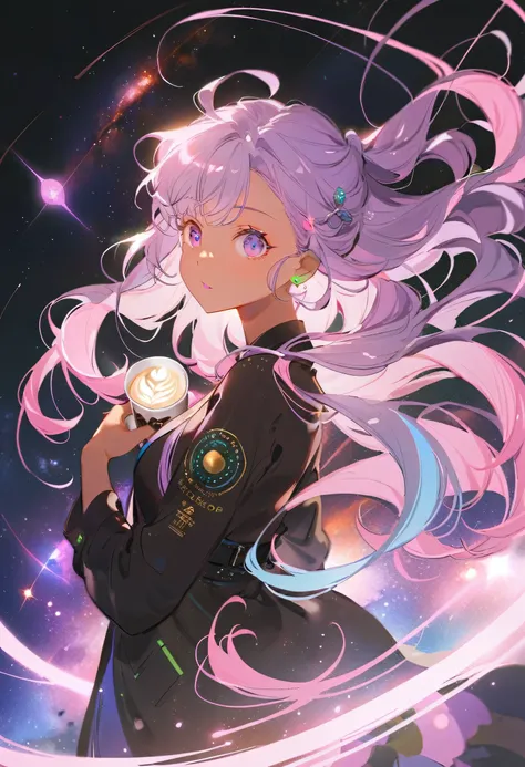 future girl, Dark Skin, Purple Eyes, space, purple hair, Blue Hair, Pink Hair, Long hair, Dark Skin, Futuristic Coffee Shop