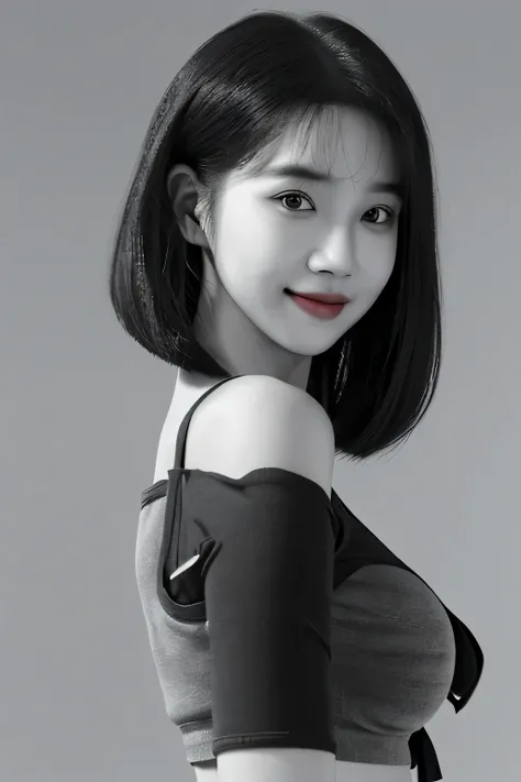 1girl, greyscale, solo, bob hair, realistic, upper body, nose, lips, closed mouth, expressive eyes, croptop, simple background, close shot, beautiful smile,