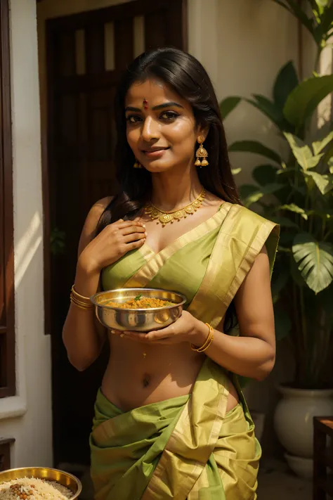 (Masterpiece: 1.1), (High resolution: 1.2), South Indian woman, gracefully holding a traditional food bowl, intricately designed, steaming hot rice and lentils, luscious colors, vibrant saree, perfectly placed hands revealing delicate wrist tattoos, expres...