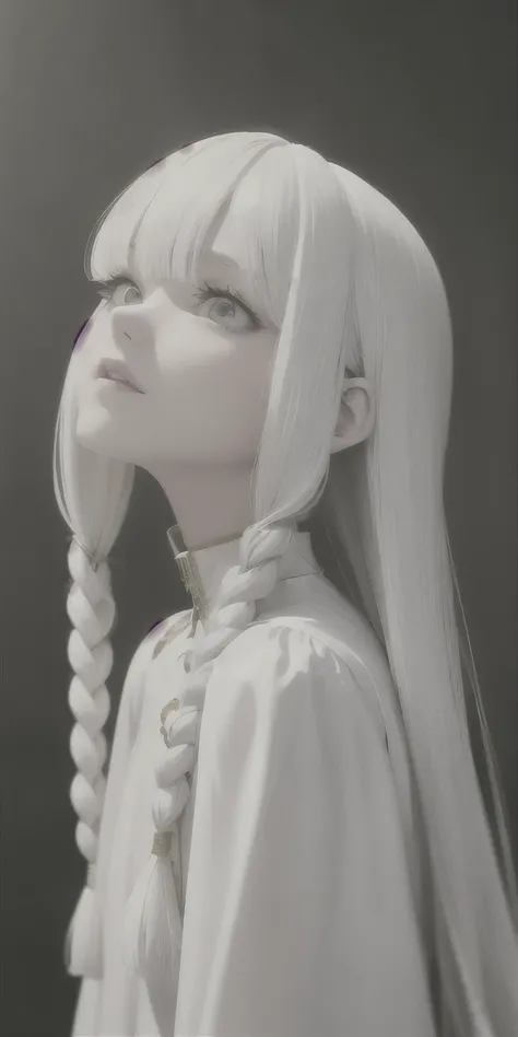 best quality, masterpiece,white hair, gold eyes,white clothes, looking up, upper body,hair strand,Fair skin,side braids