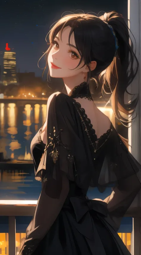 masterpiece,highest quality,Small face,Natural smile,Looking up,Beautiful Face,Exposed shoulders,Foot exposure,Black Hair,Slim figure,Brown eyes,Crisp contrast,Exquisite illustrations,Fantastic night view,river view,High Contrast,Dazzling Light,Ponytail Ha...