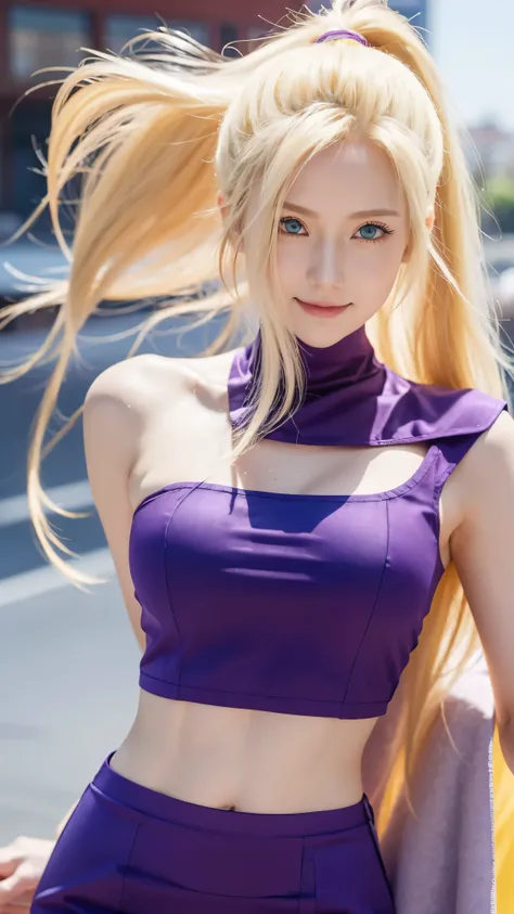 1female, ino in anime anime shippuden, long hair, yellow hair, blue eyes, smile, beautiful, purple clothes, realistic clothes, city background, ultra detail, realistic, masterpiece:1.2, HDR, studio lighting, vivid colors, sharp focus, physicially-based ren...