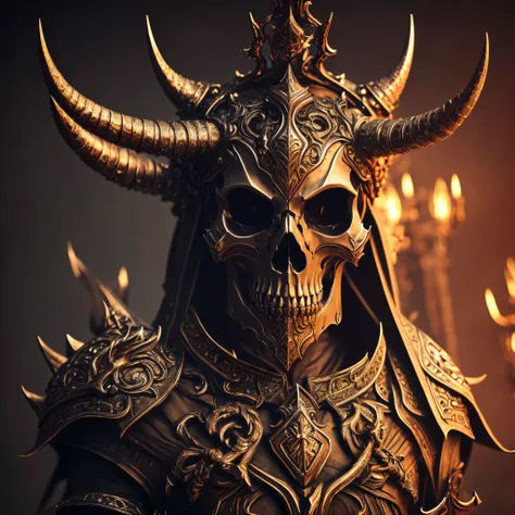 a skull with a crown and horns on its head, digital art by Bertalan Karlovszky, zbrush central contest winner, fantasy horror skull, skeleton king, red pupil, dark but detailed digital art, highly detailed dark art, skeleton warrior, the king of death, ske...