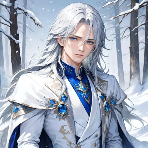 masterpiece, Best quality, Ultra detailed eyes, a handsome man with long white hair and blue eyes, wearing an elegant suit, standing alone in the snow, ethereal male model