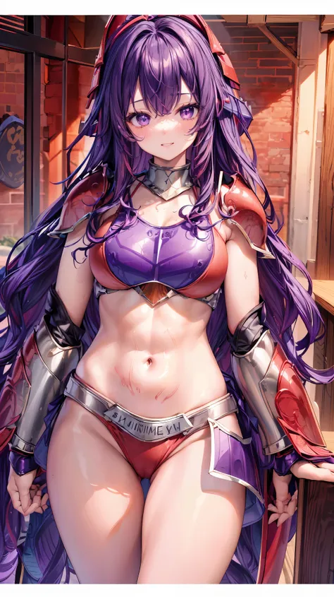 Very detailed、highest quality、Best image quality、masterpiece、8k、Anime Face、A kind smile、Open your mouth、Sparkling blue eyes、(Purple wavy hair:1.5)、、Muscles of the whole body、camisole、Thigh belt、mini skirt、(Wearing red bikini armor:1.5)、(Cowboy Shot:1.5)、(L...