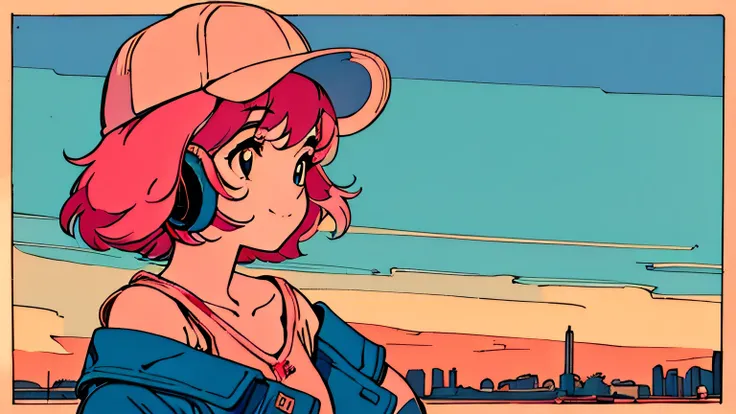 master piece, City Pop style, Pink Hair, fluffy bob cut, wearing headphones, shoulder length, alone, Futuristic, yet, lofi, retro, vintage, Ghost, light smile, baseball cap, sunset, beach, looking away