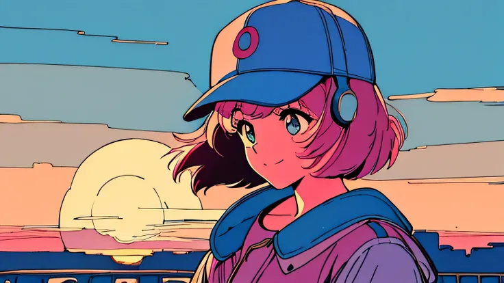 master piece, city pop style, pink hair, fluffy bob cut, wearing headphones, shoulder length, alone, futuristic, yet, lofi, retr...