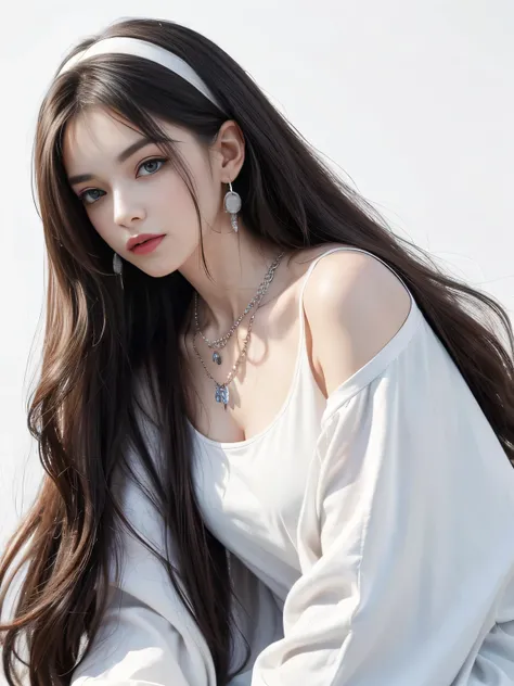 (8K, highest quality, High resolution, masterpiece :1.3), (White Background), stylish, High sense, fashion, The outline is long and narrow, Eyes are long and narrow, Wavy long hair, hair band, Oversized clothing, Baggy clothes, Upper Body, necklace, Earrin...