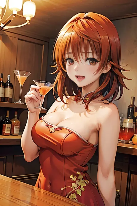 cocktail bar, yawning face, 40k, photography, masterpiece, best quality, (Riko, longhair), medium breasts, (red tiny chinese dress), varied poses,