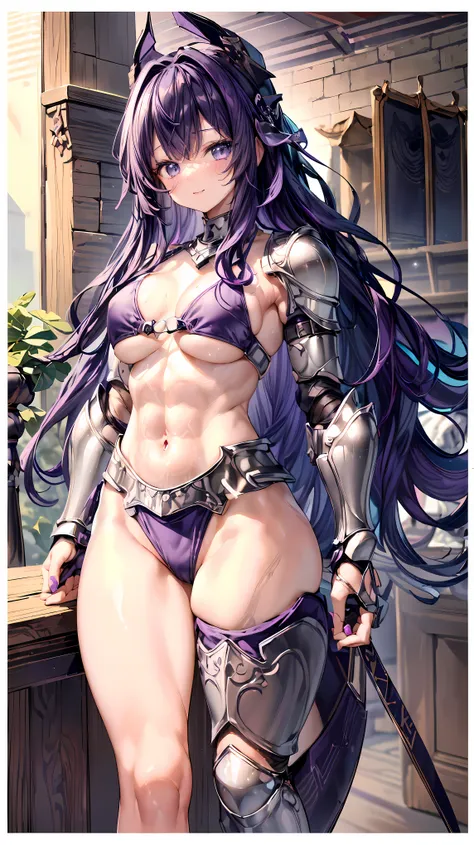 Very detailed、highest quality、Best image quality、masterpiece、8k、Anime Face、A kind smile、Open your mouth、Sparkling blue eyes、(Purple wavy hair:1.5)、、Muscles of the whole body、camisole、Thigh belt、mini skirt、(Wearing bikini armor:1.5)、(Cowboy Shot:1.5)、(Leg a...