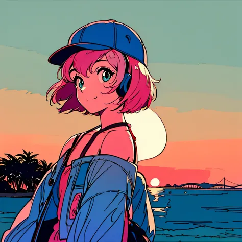 master piece, city pop style, pink hair, fluffy bob cut, wearing headphones, shoulder length, alone, futuristic, yet, lofi, retr...