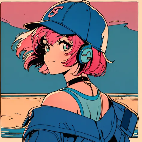 master piece, city pop style, pink hair, fluffy bob cut, wearing headphones, shoulder length, alone, futuristic, yet, lofi, retr...