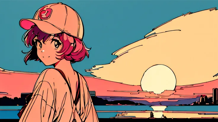 master piece, City Pop style, Pink Hair, fluffy bob cut, wearing headphones, shoulder length, alone, Futuristic, yet, lofi, retro, vintage, Ghost, light smile, baseball cap, sunset, beach, back shot