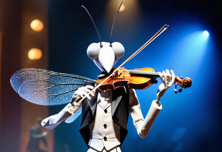 Dynamic shot, humanoid (anthropomorphic) mosquito fiddler, humanoid mosquito on stage playing the violin, humanoid mosquito dressed in a tailcoat, ready to play the violin, photorealistic, high quality, high detail, focus on the face of a humanoid mosquito...
