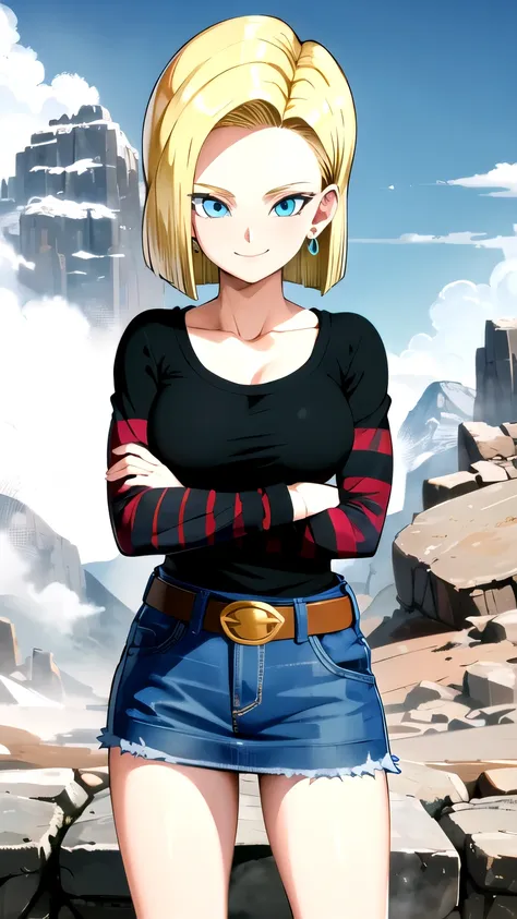 android 18, 1girl, android 18, solo, blonde hair, blue eyes, short hair, mountain, crossed arms, belt, denim skirt, earrings, (l...