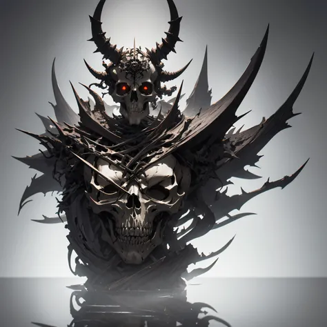 symbol. a skull with a crown and horns on its head, digital art by Bertalan Karlovszky, zbrush central contest winner, fantasy horror skull, skeleton king, red pupil, dark but detailed digital art, highly detailed dark art, skeleton warrior, the king of de...