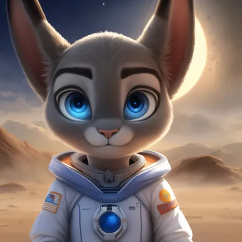 ((masterpiece)) ((ultra quality)) ((4k quality)) Judy Hopps, blue eyes, glowing eyes, white cape, white sci-fi spacesuit, wind, desert planet, three sun, sandstorm on the background 