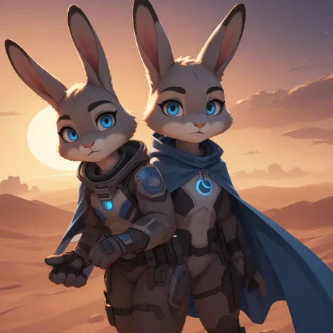 ((masterpiece)) ((ultra quality)) ((4k quality)) Judy Hopps, blue eyes, glowing eyes, mask-filter, cape, sci-fi suit, wind, desert planet, three sun on the background,very hot, sandstorm on the background