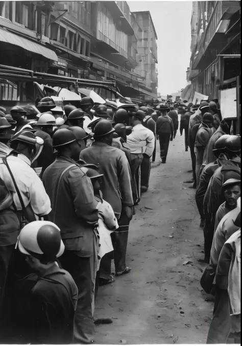 100 workers，male，looking up，black and white，8-hour work system，on the street，line drawing，sketch，man facing camera，holding up a ...