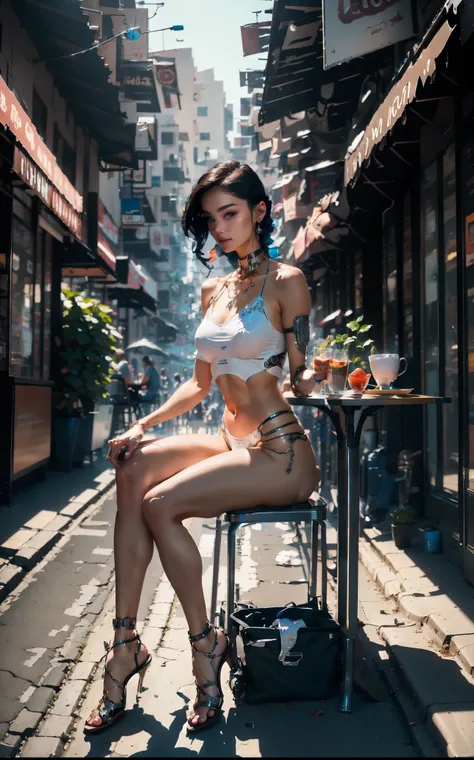 Sexy cyborg girl erotically sitting at a table in a sidewalk cafe, foot on foot, (Best quality, 4K, 8k, A high resolution, masterpiece:1.2), absurdity, masterpiece, ultra detailed, (realistic, photorealistic, photorealistic:1.37), complex parts, HDR, (comp...