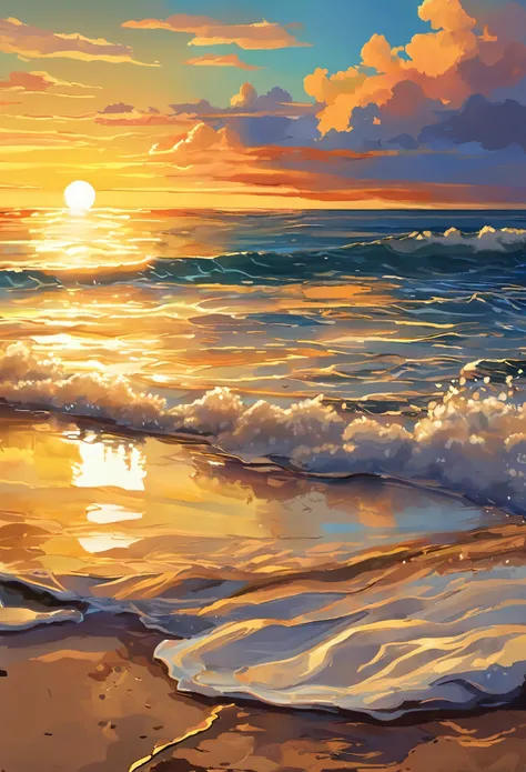 make a beach view that had sunrise that giving hopes the sunrise had golden brown shine make the artstyle look like draw on canvas