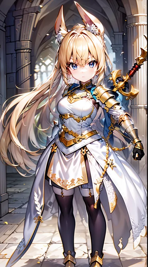 Masterpiece, Best quality, high resolution, Solo, 
1girll, blond hairbl, Yellow eyes, pony tails, Animal ears, Tail, 
Original costume 2, a white long skirt, Armor,  sword, A shield,