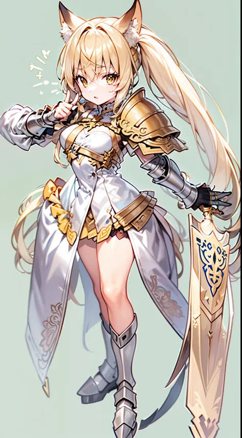 Masterpiece, Best quality, high resolution, Solo, 
1girll, blond hairbl, Yellow eyes, pony tails, Animal ears, Tail, 
Original costume 2, a white long skirt, Armor,  sword, A shield,