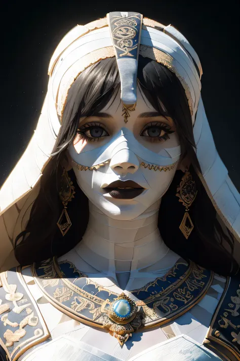 dark creepy background, ((mummy)), ((( fully coved in all white bandages))) ruby, long wavy hair, scenic, cute, adorable, pretty, 8k resolution concept art portrait, dynamic lighting hyperdetailed intricately detailed Splash art trending on Artstation, tri...